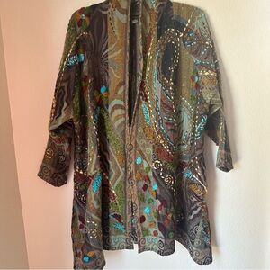 Wearable Art ANU Embroidered Wool Lagenlook Multicolor Long Open Front Duster XL